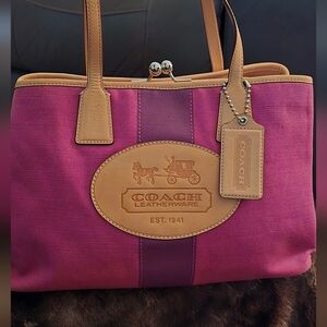 Coach Y2K HAMPTON 10th anniversary Pink and Tan Canvas kiss lock Tote Bag